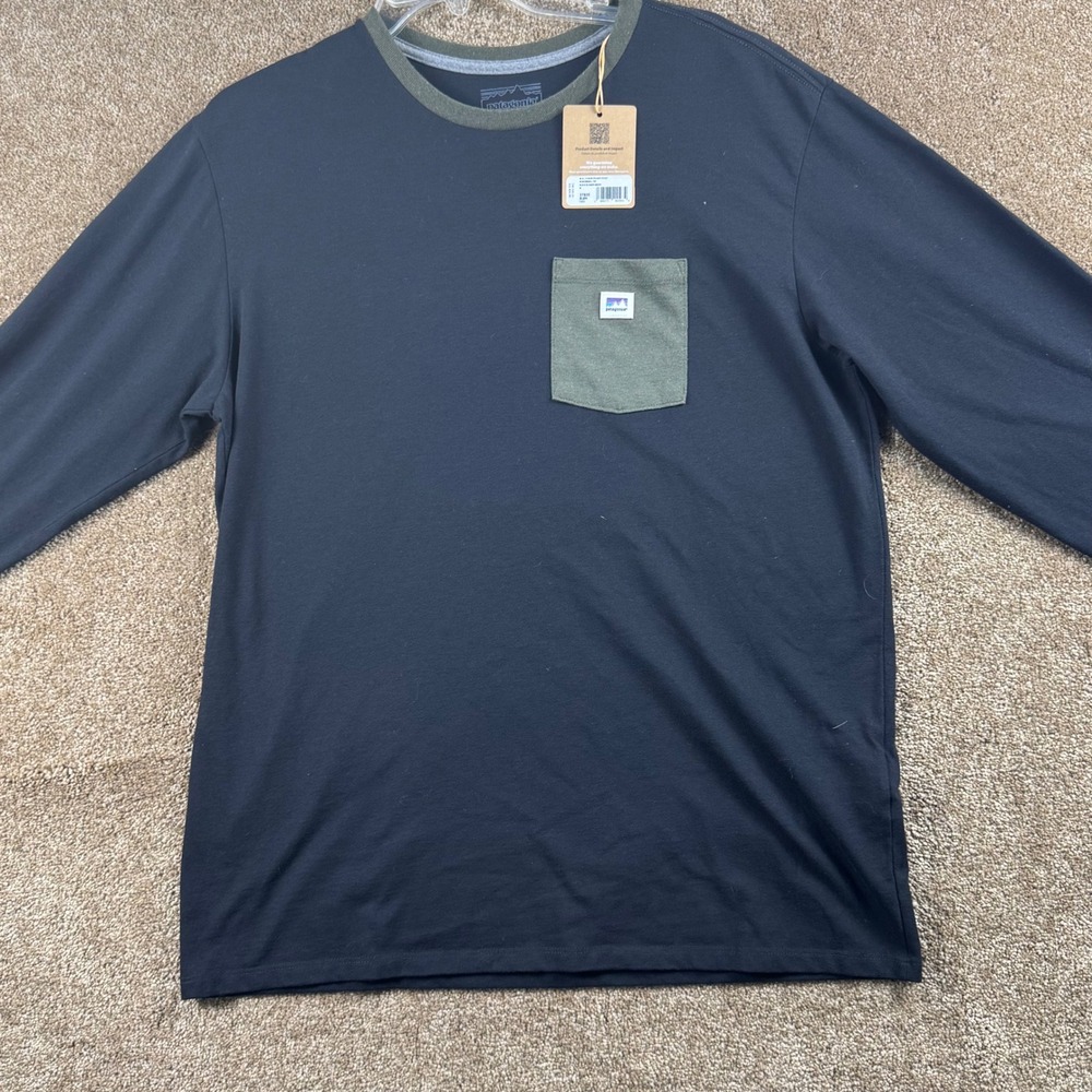 Patagonia Mens Long Sleeve Shop Sticker Pocket Responsibili-Tee Black Green M